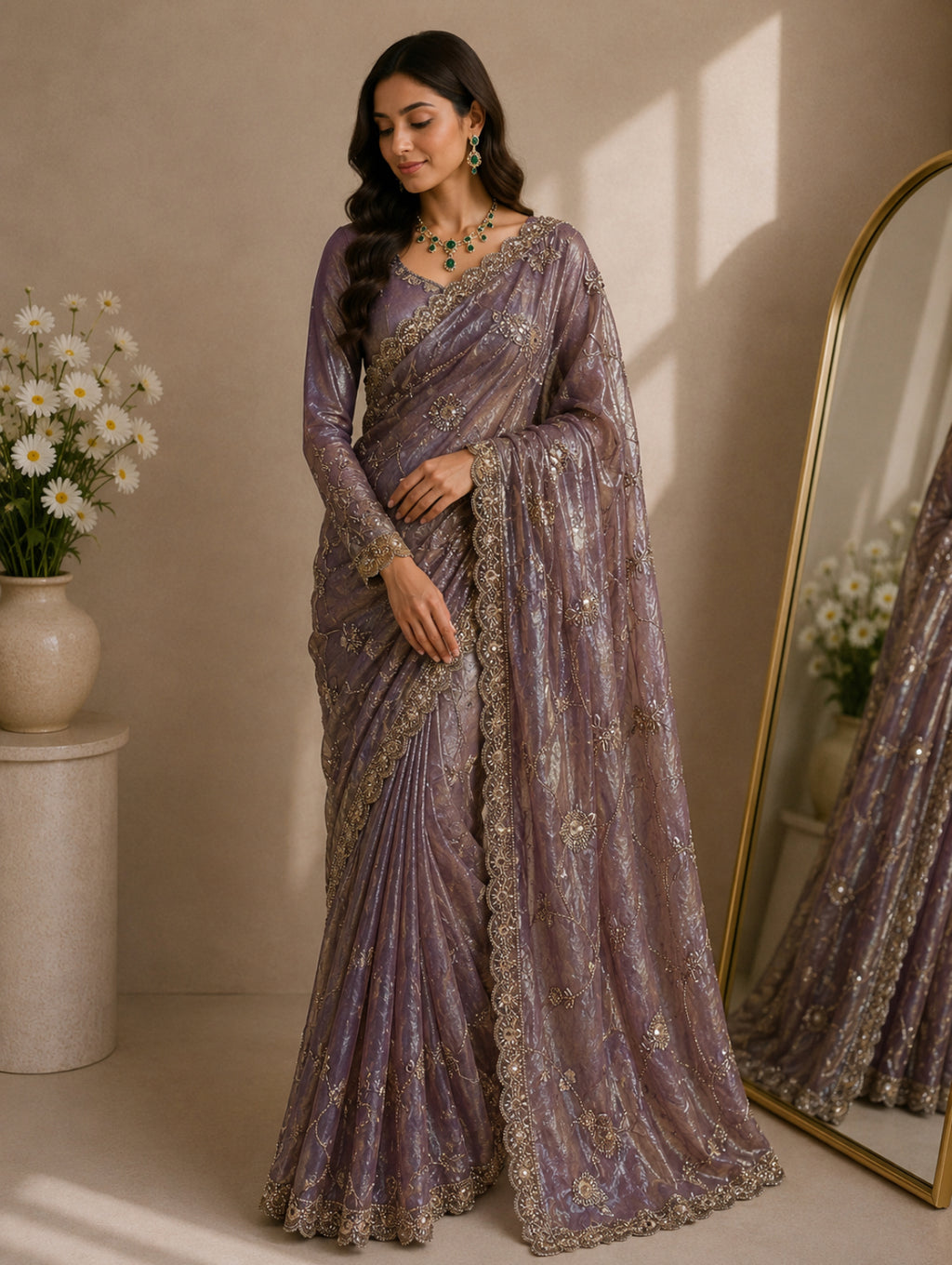 Rust Mauve Premium Embroidered Silk Saree