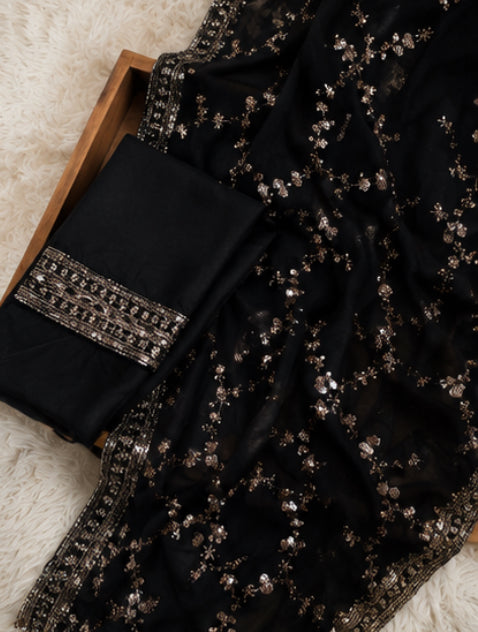 Midnight Black & Gold Embroidered Silk Saree