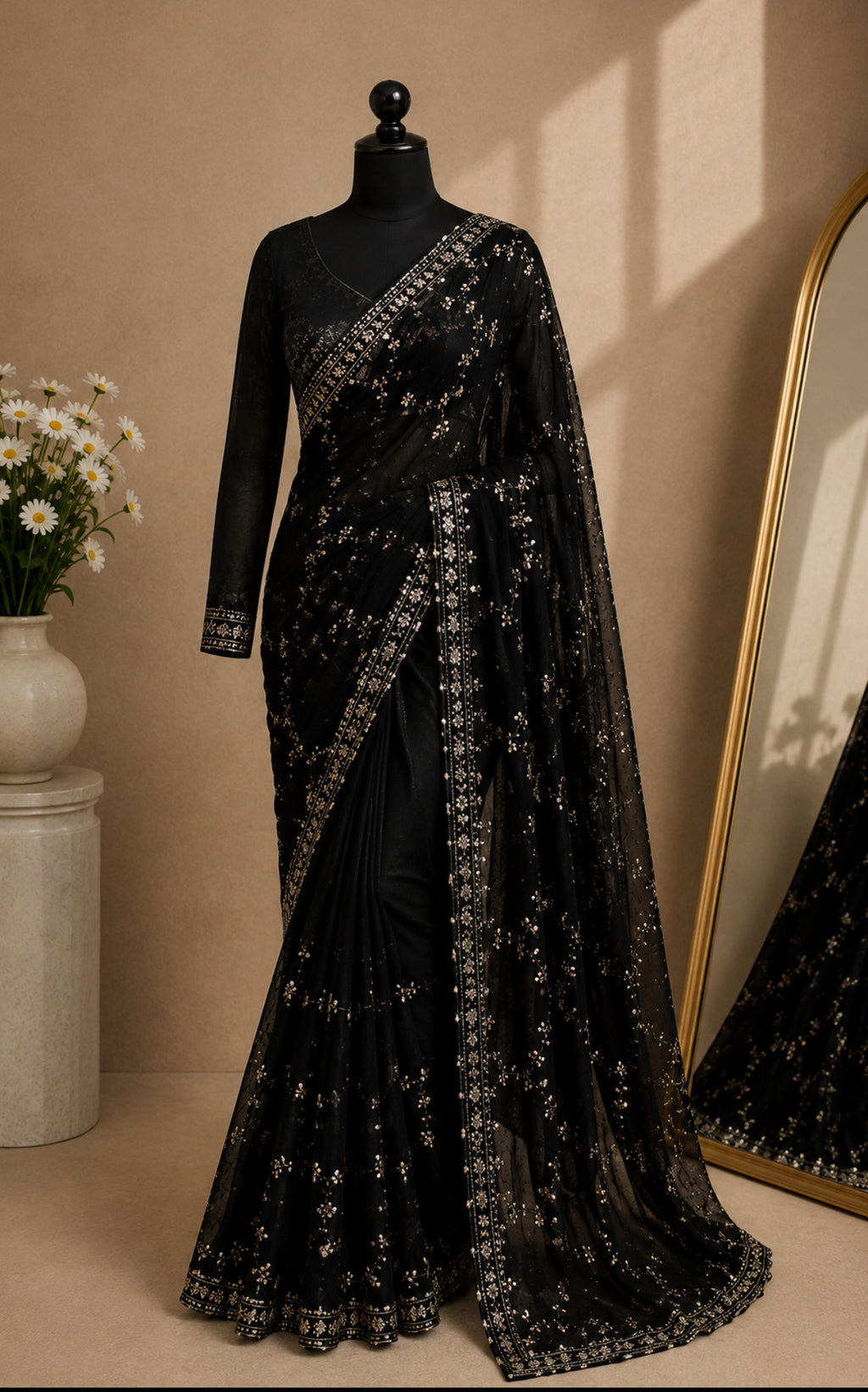 Midnight Black & Gold Embroidered Silk Saree