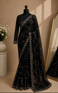 Midnight Black & Gold Embroidered Silk Saree