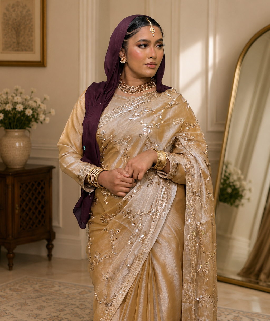 Premium Champagne Embellished Silk Saree
