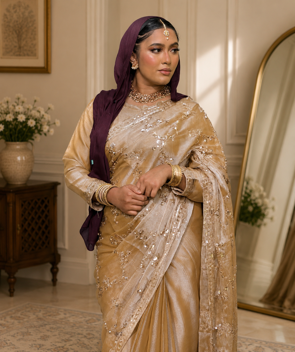 Premium Champagne Embellished Silk Saree