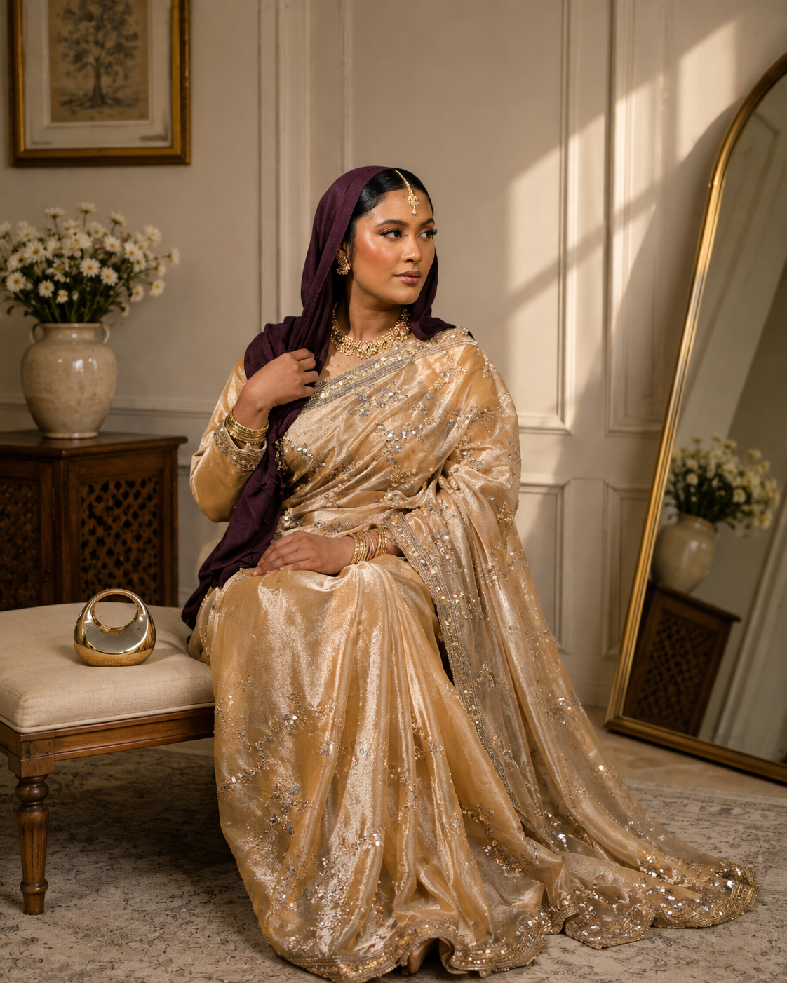 Premium Champagne Embellished Silk Saree