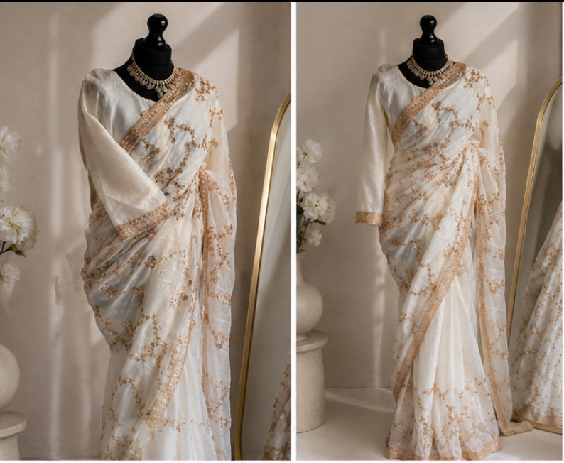 Viral Ivory Hand-Embellished Saree